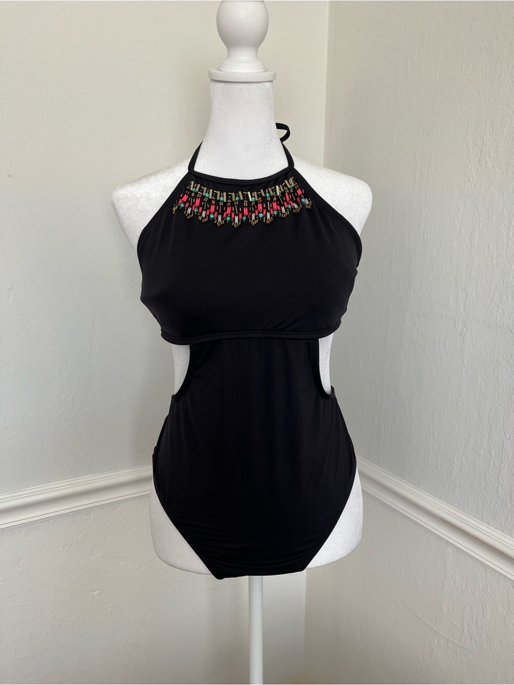 Kenneth Cole Reaction Black Halter one-piece swimsuit with Beaded Neckline